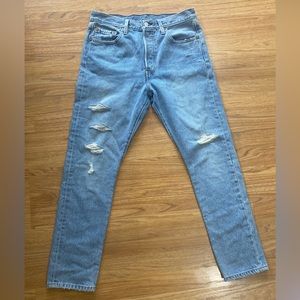 Levis 501 Jeans Skinny High Rise Button Fly Light Wash Distressed 29X28